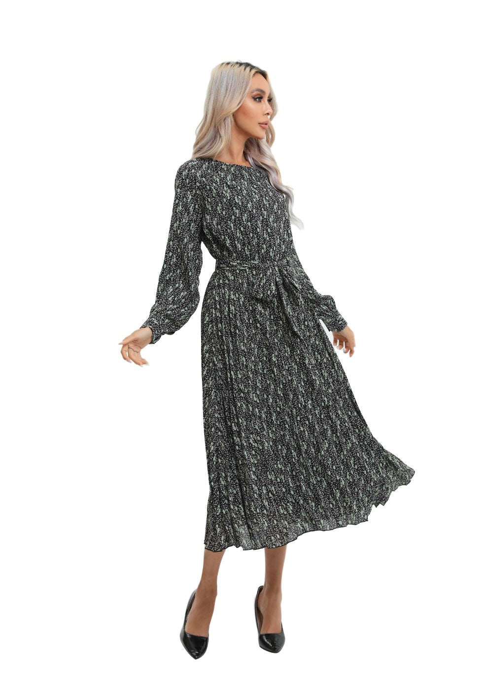 Print Midi Long Sleeve Dress with Detached Belt - alamaud