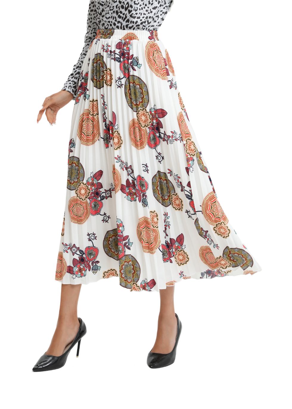 Print Pleated Midi Skirt - alamaud