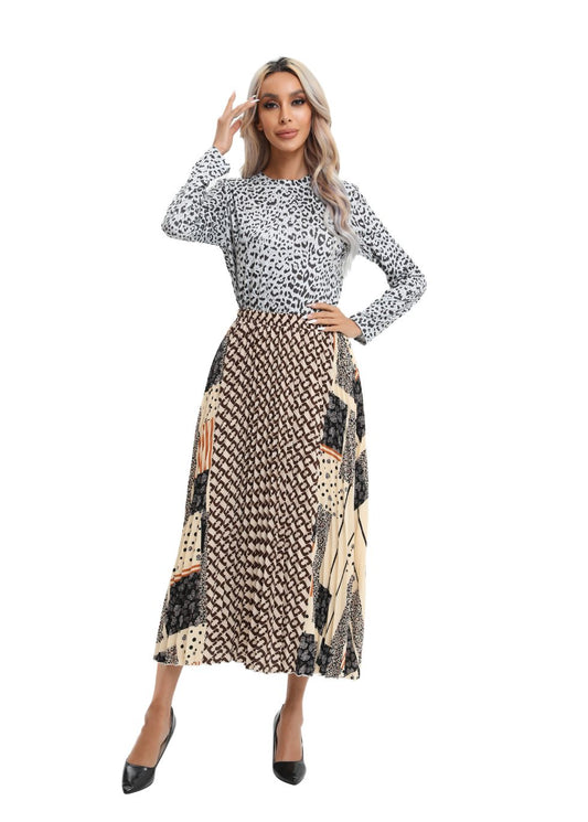 Mixed Print Midi Pleated Skirt - alamaud