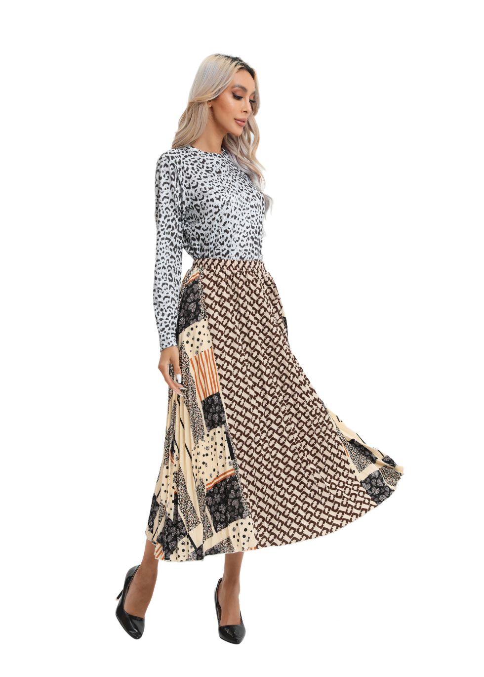 Mixed Print Midi Pleated Skirt - alamaud