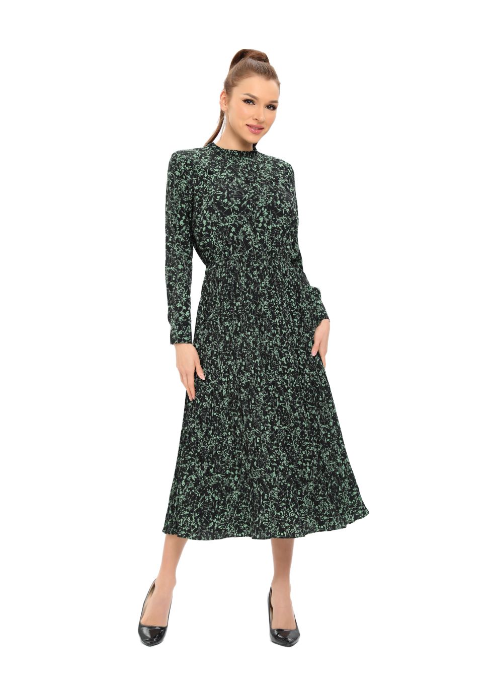 Long Sleeve Micro Pleated Skirt Midi Dress - alamaud