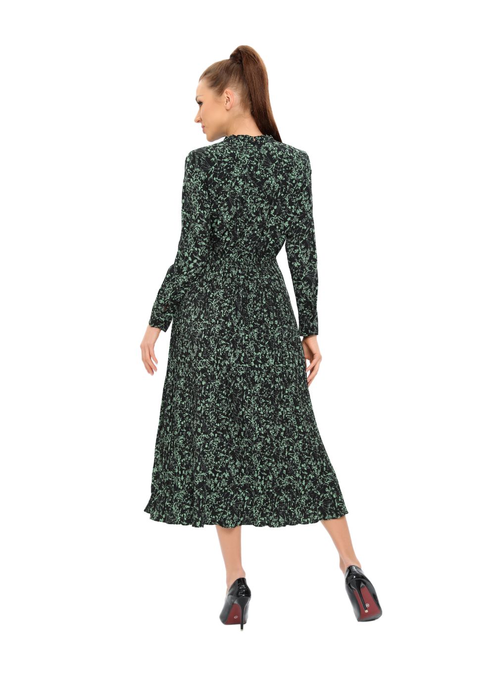 Long Sleeve Micro Pleated Skirt Midi Dress - alamaud