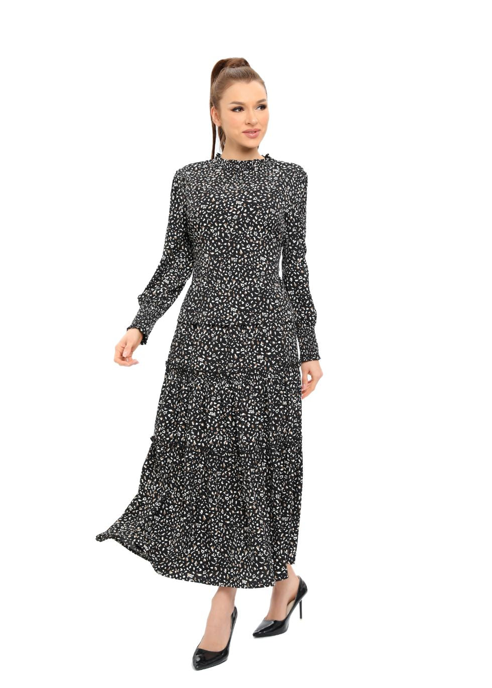 Long Sleeve Monochrome Midi Two-Piece Set - alamaud