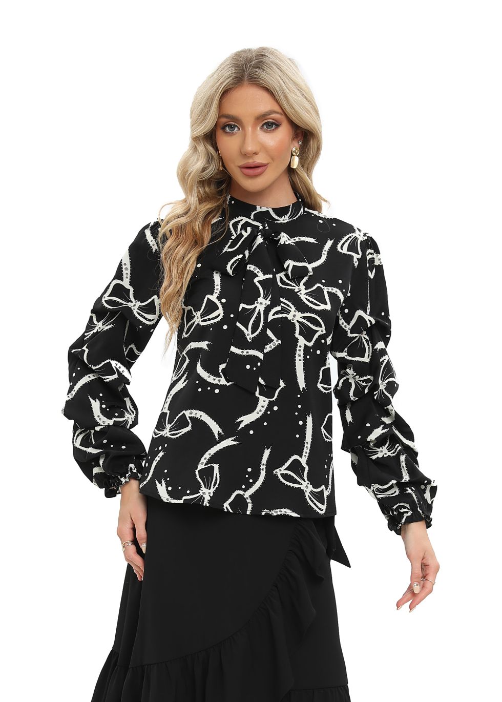 Tiered Long Sleeve Blouse with Front Tie - alamaud