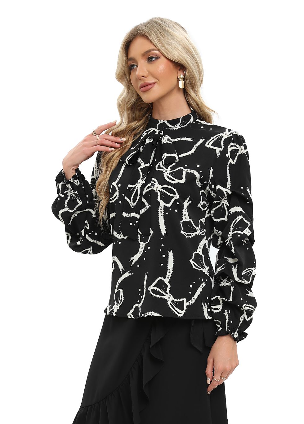 Tiered Long Sleeve Blouse with Front Tie - alamaud