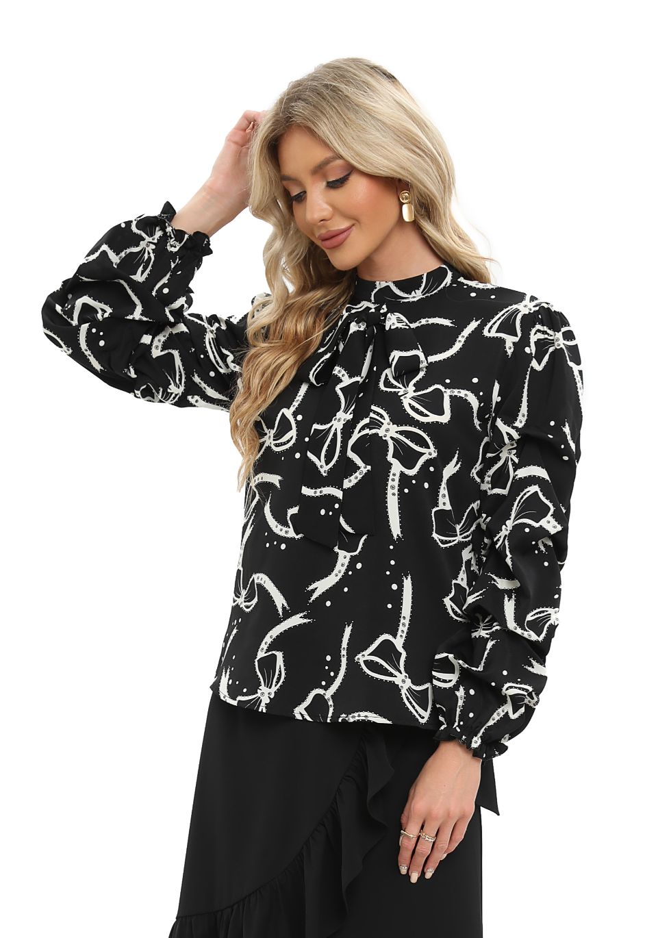 Tiered Long Sleeve Blouse with Front Tie - alamaud