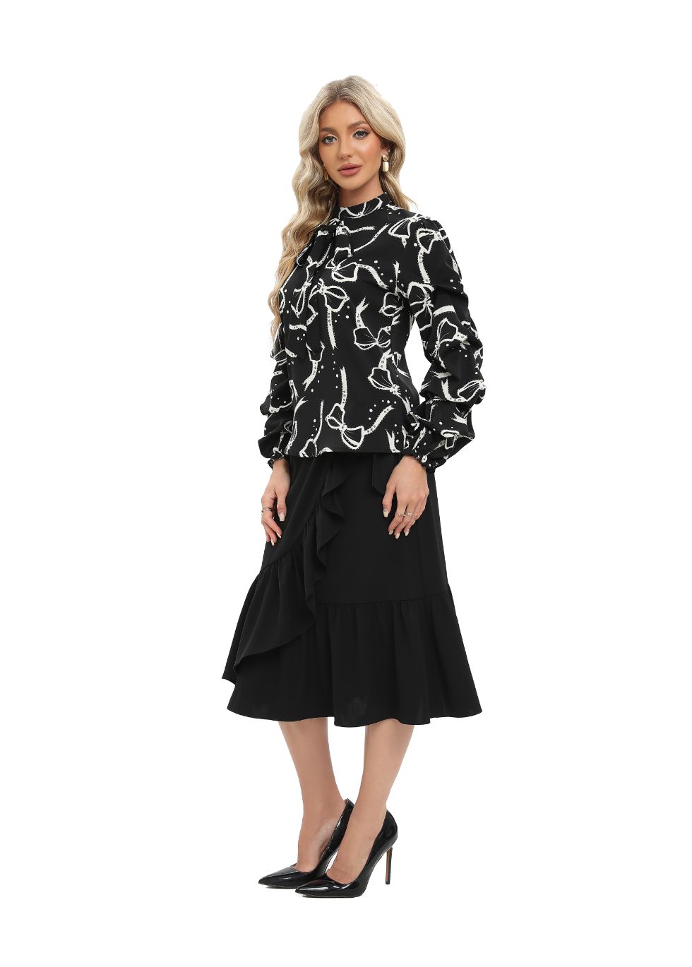 Tiered Long Sleeve Blouse with Front Tie - seilerlanguageservices