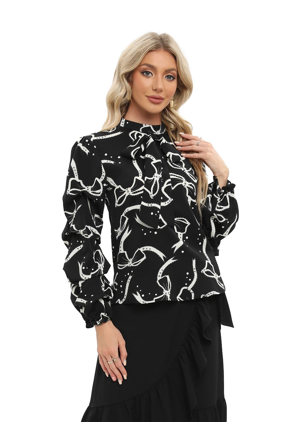 Tiered Long Sleeve Blouse with Front Tie - alamaud