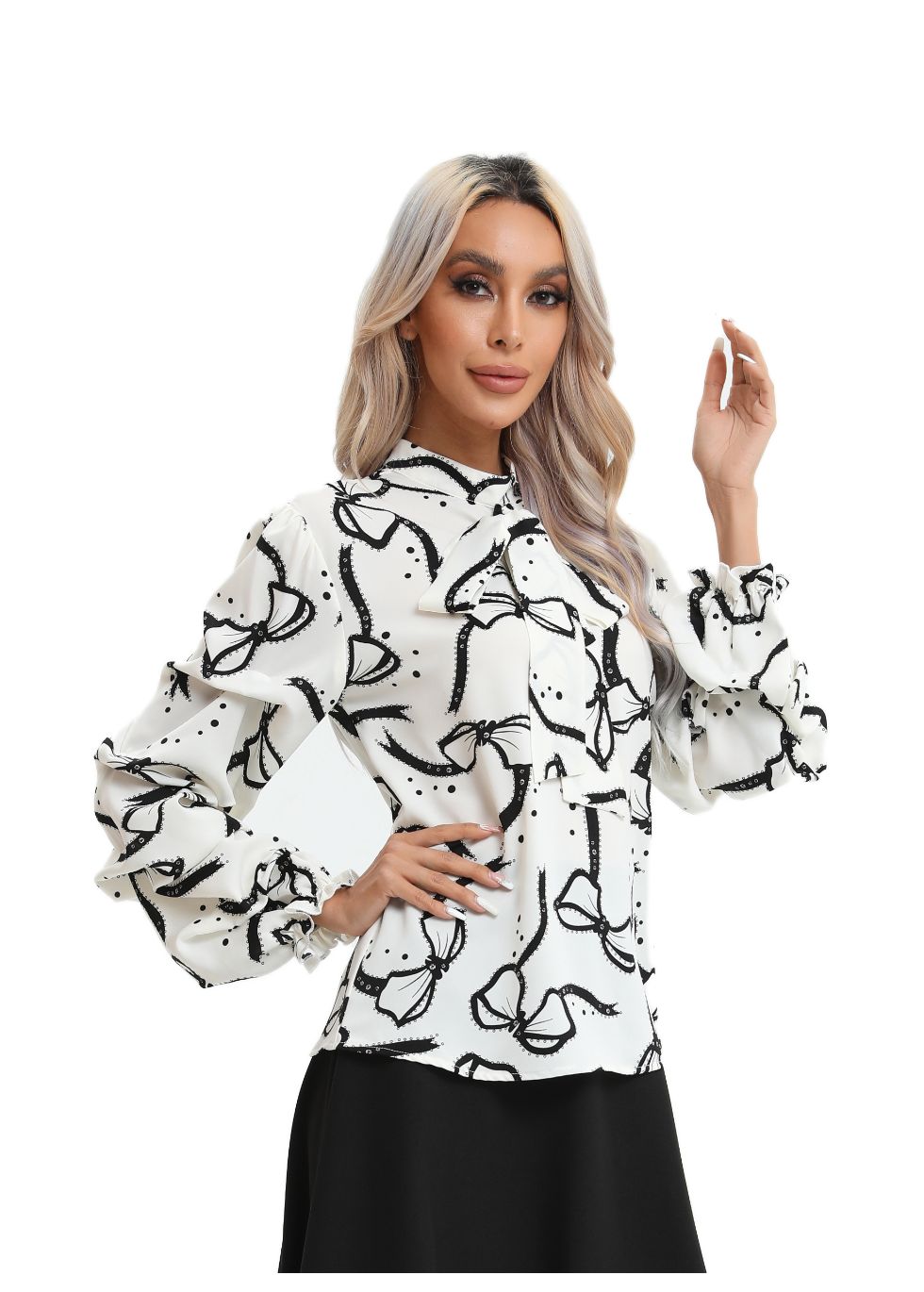 Tiered Balloon Blouse with Front Tie - alamaud