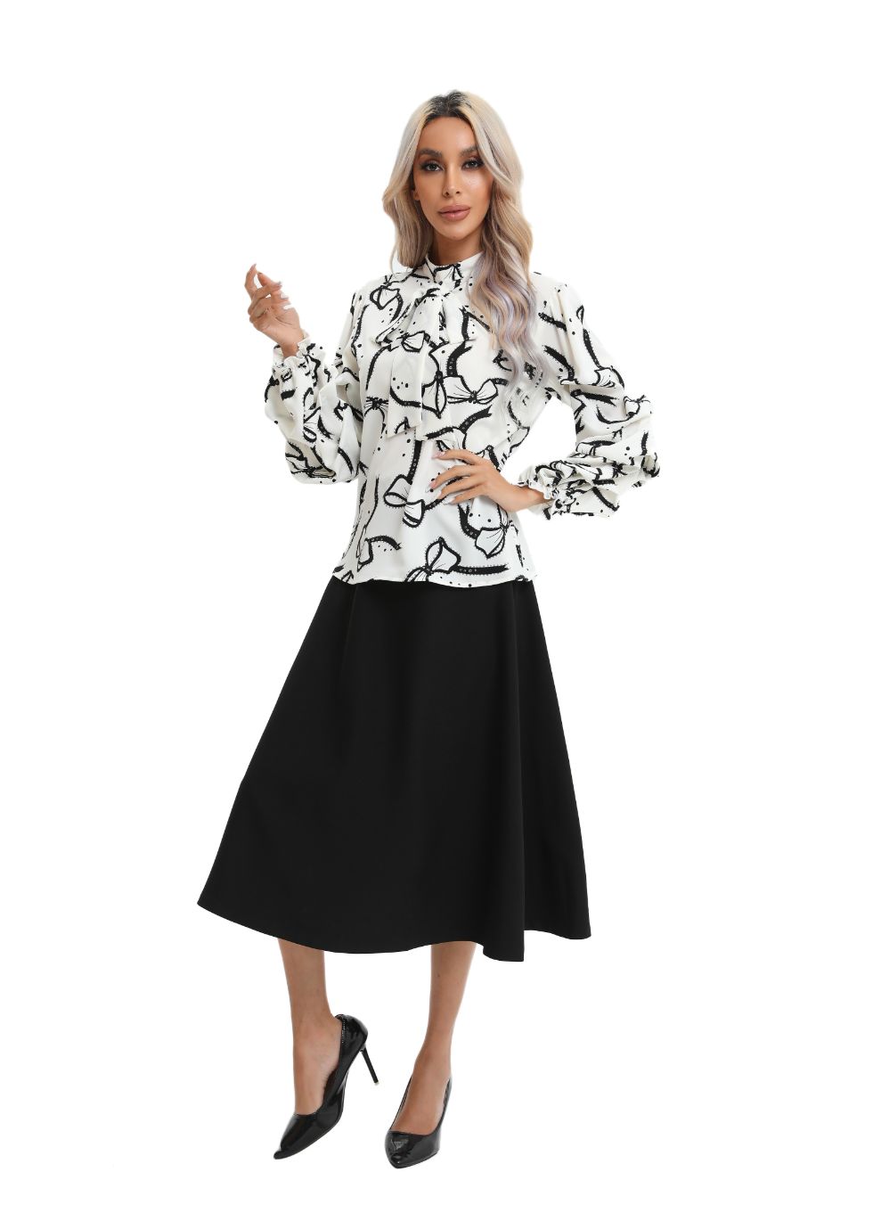 Tiered Balloon Blouse with Front Tie - alamaud
