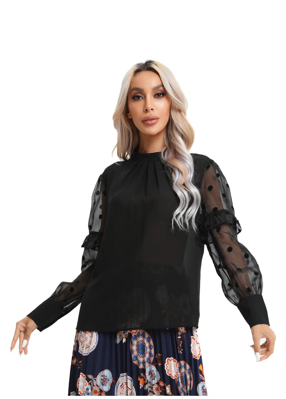 Polka Dot Sheer Sleeve Black Top - alamaud