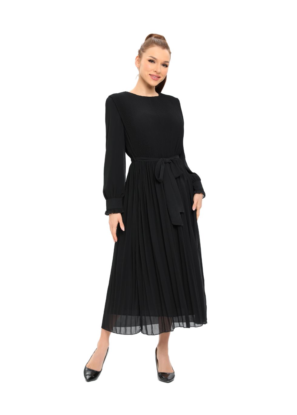 Elegant Black Micro Pleat Dress with Cuffs - seilerlanguageservices