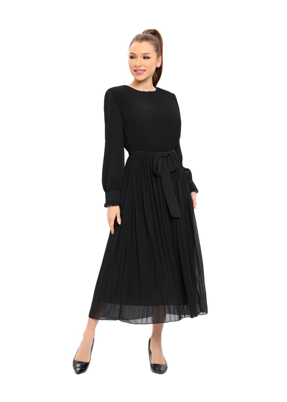 Elegant Black Micro Pleat Dress with Cuffs - seilerlanguageservices