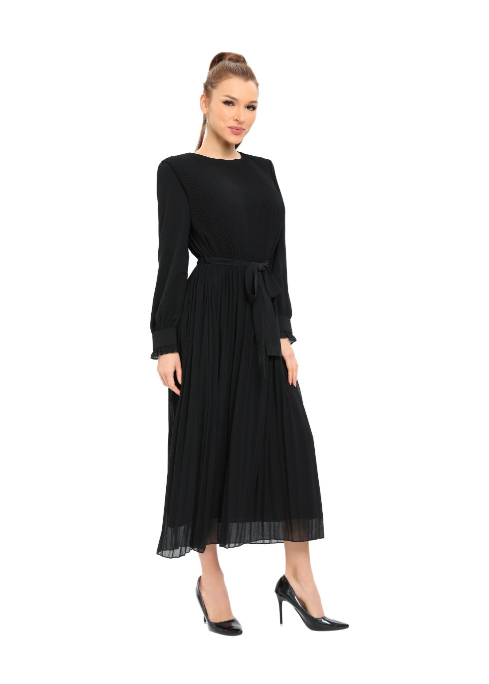 Elegant Black Micro Pleat Dress with Cuffs - seilerlanguageservices