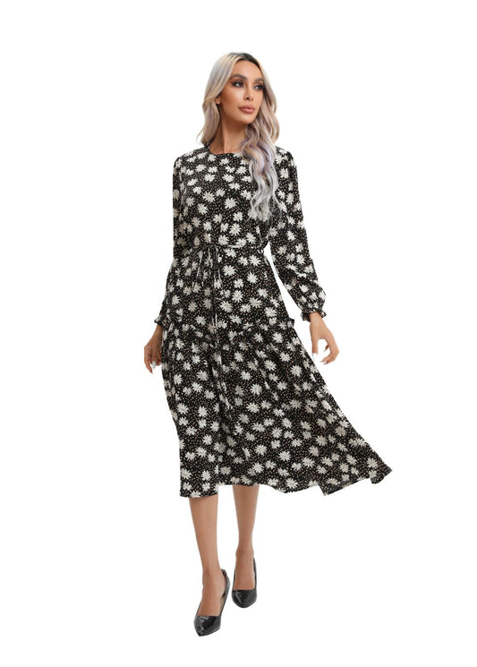 Modest Floral Midi Dress with Light Front Tie - alamaud