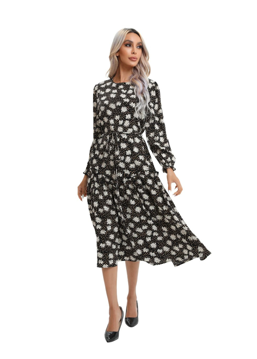 Modest Floral Midi Dress with Light Front Tie - alamaud