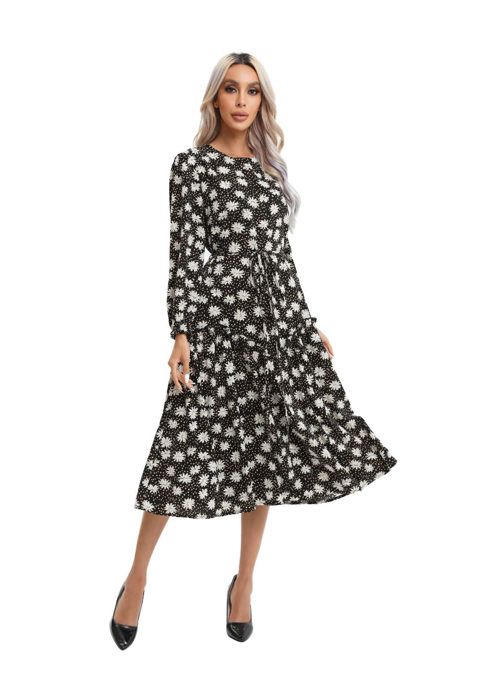 Modest Floral Midi Dress with Light Front Tie - alamaud