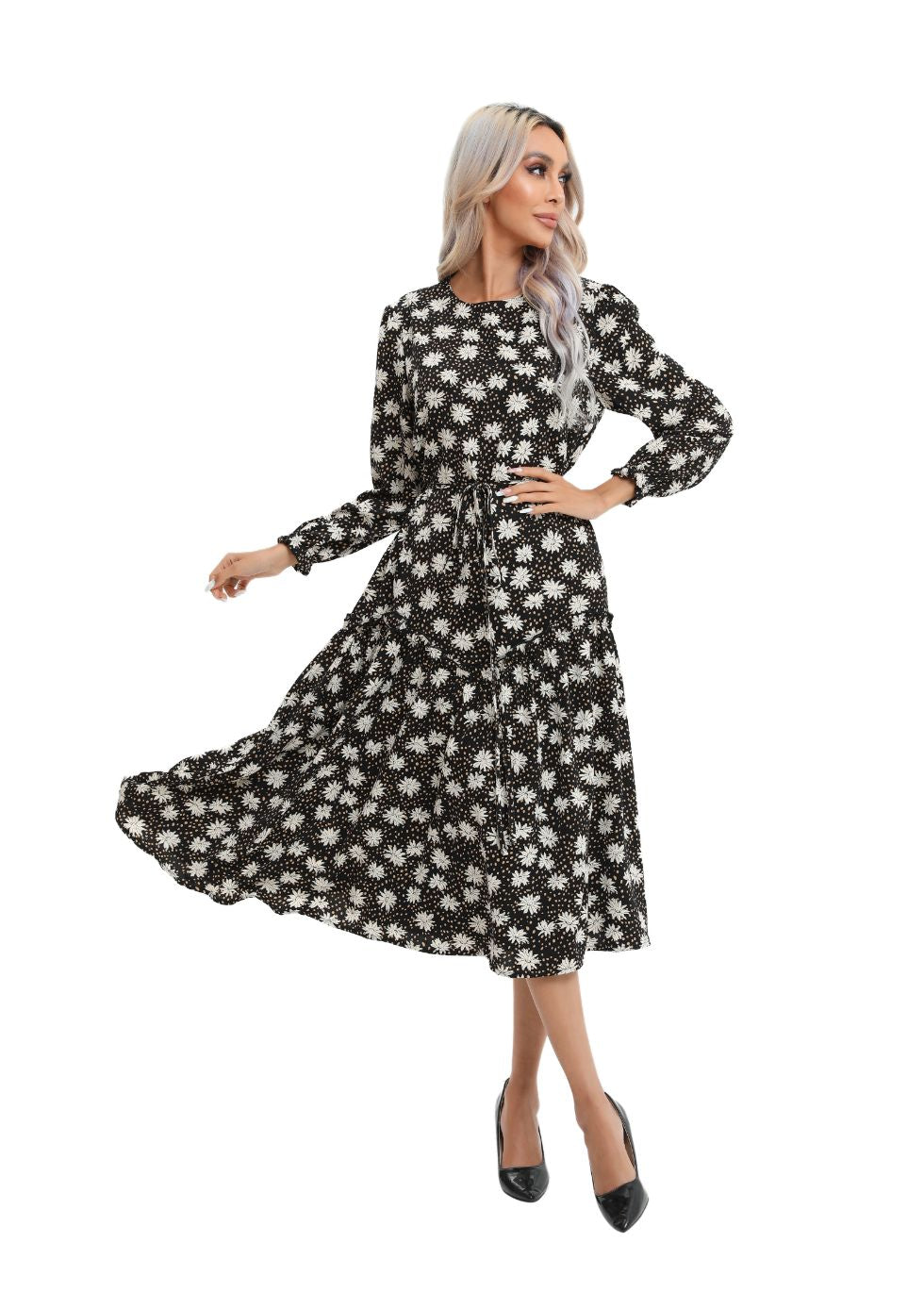 Modest Floral Midi Dress with Light Front Tie - alamaud