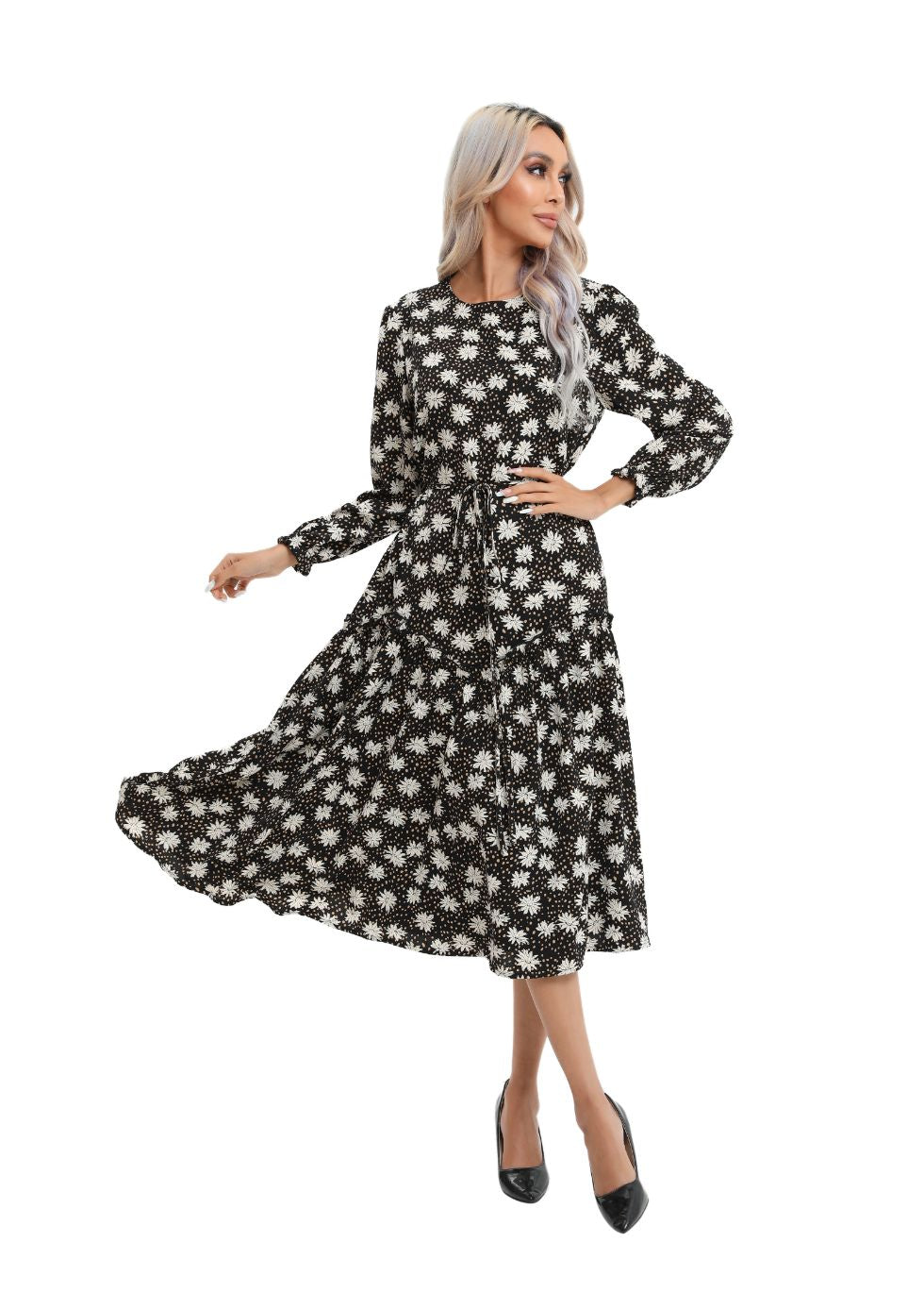 Modest Floral Midi Dress with Light Front Tie - seilerlanguageservices