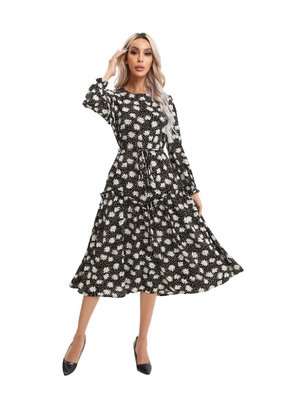 Modest Floral Midi Dress with Light Front Tie - alamaud