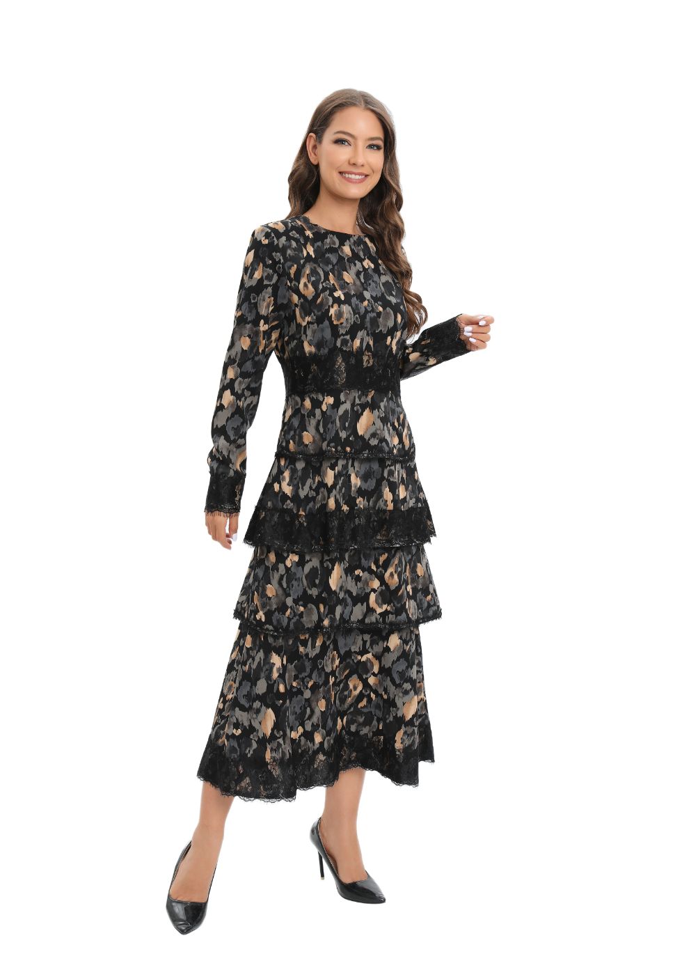 Pleated Print Lace Midi Dress - alamaud