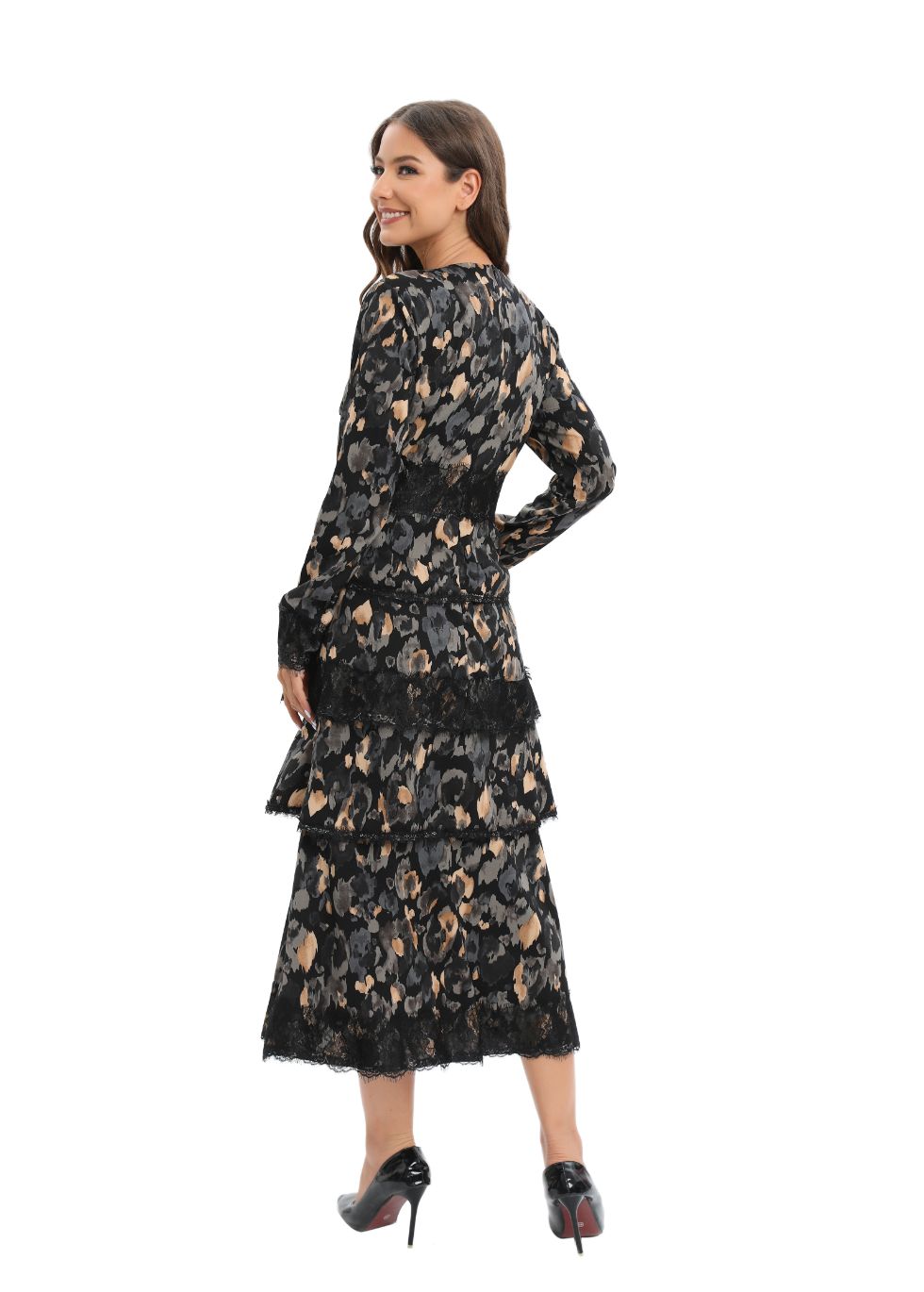 Pleated Print Lace Midi Dress - alamaud
