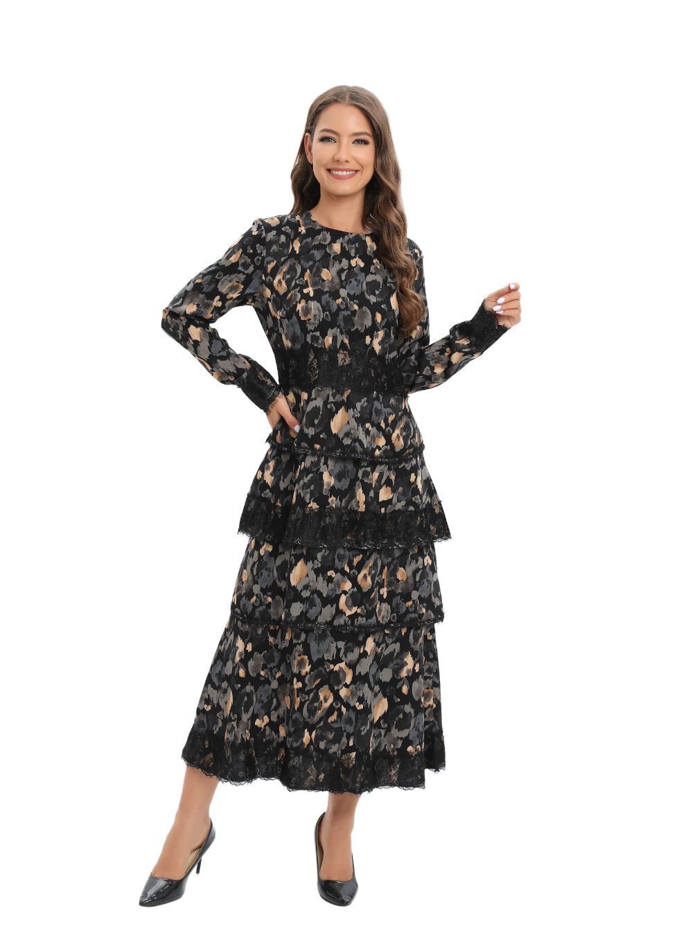 Pleated Print Lace Midi Dress - alamaud