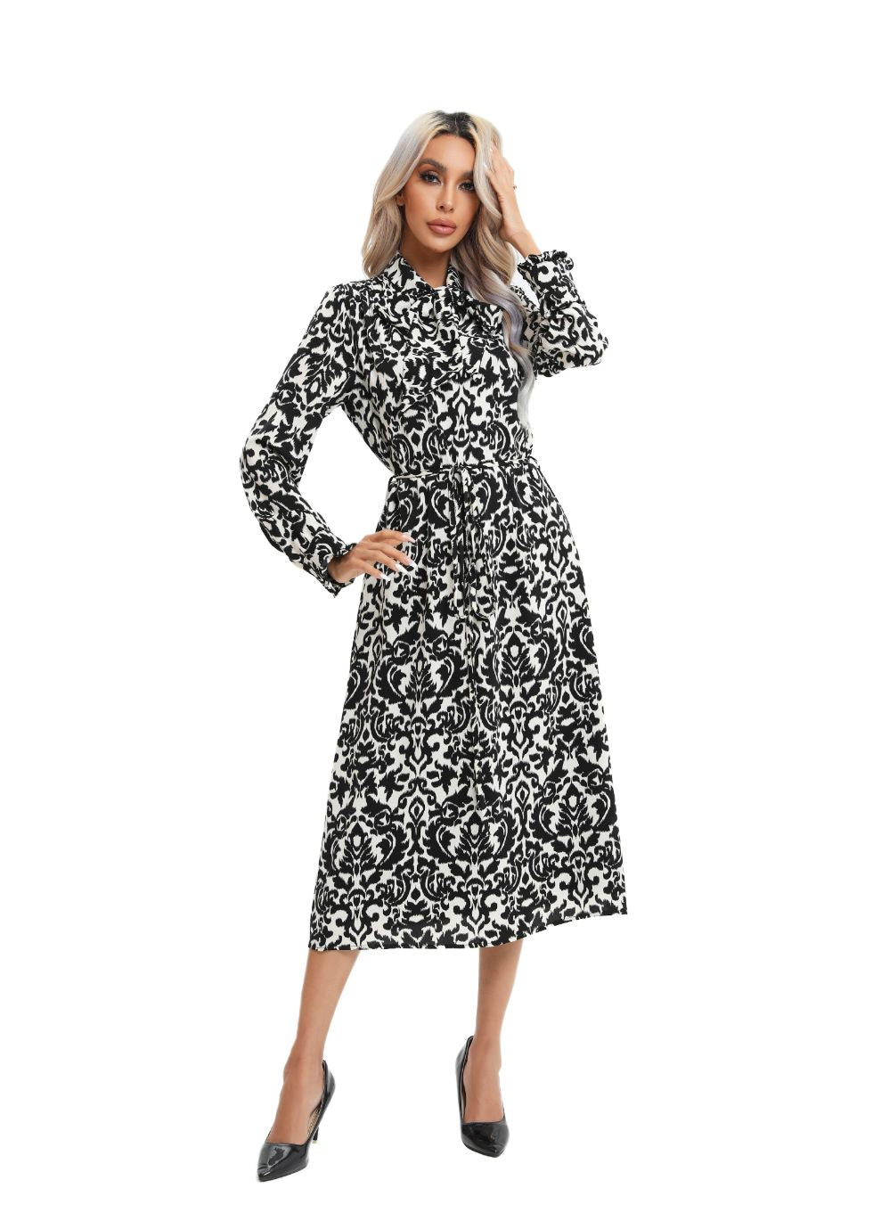 Modest Monochrome Midi Dress with Detached Belt - alamaud