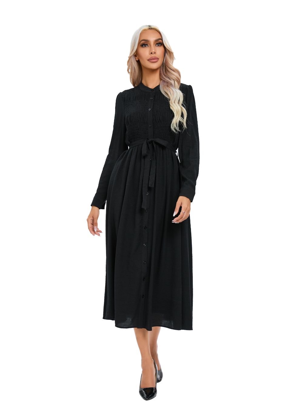 Mock Button Self Tie Midi Dress - alamaud