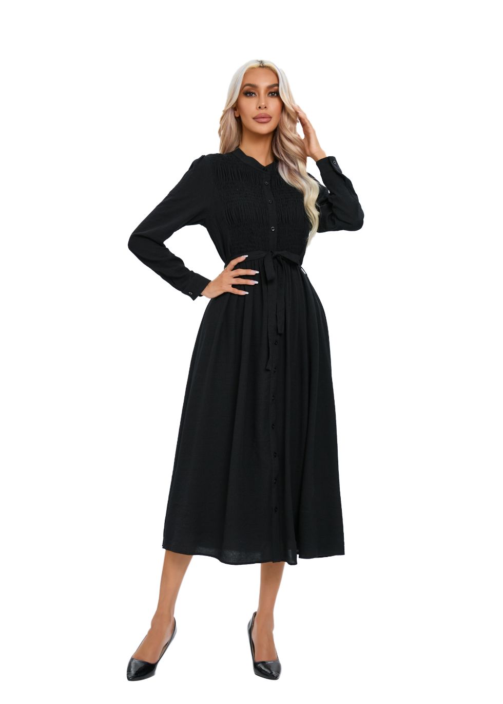 Mock Button Self Tie Midi Dress - alamaud