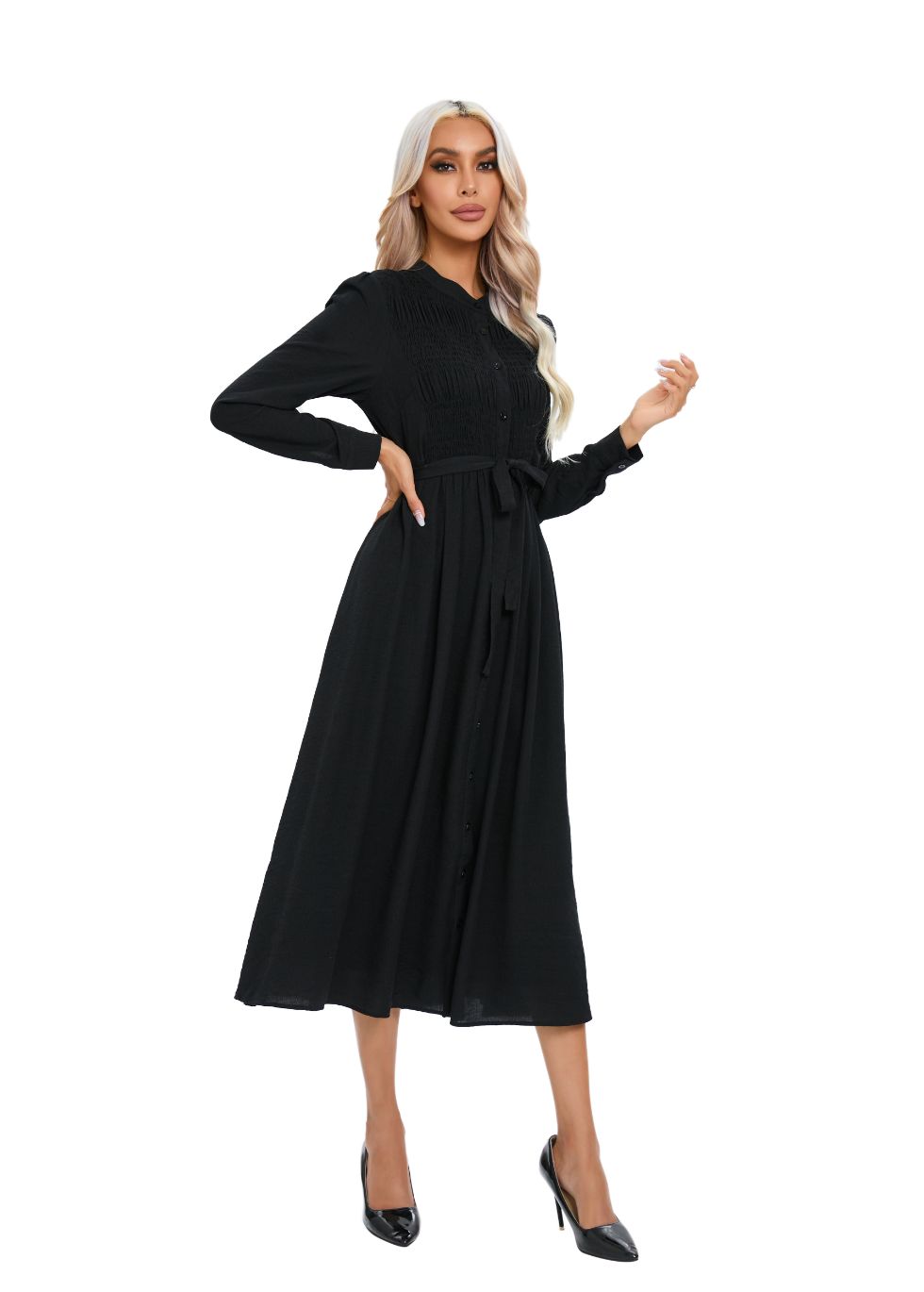 Mock Button Self Tie Midi Dress - alamaud