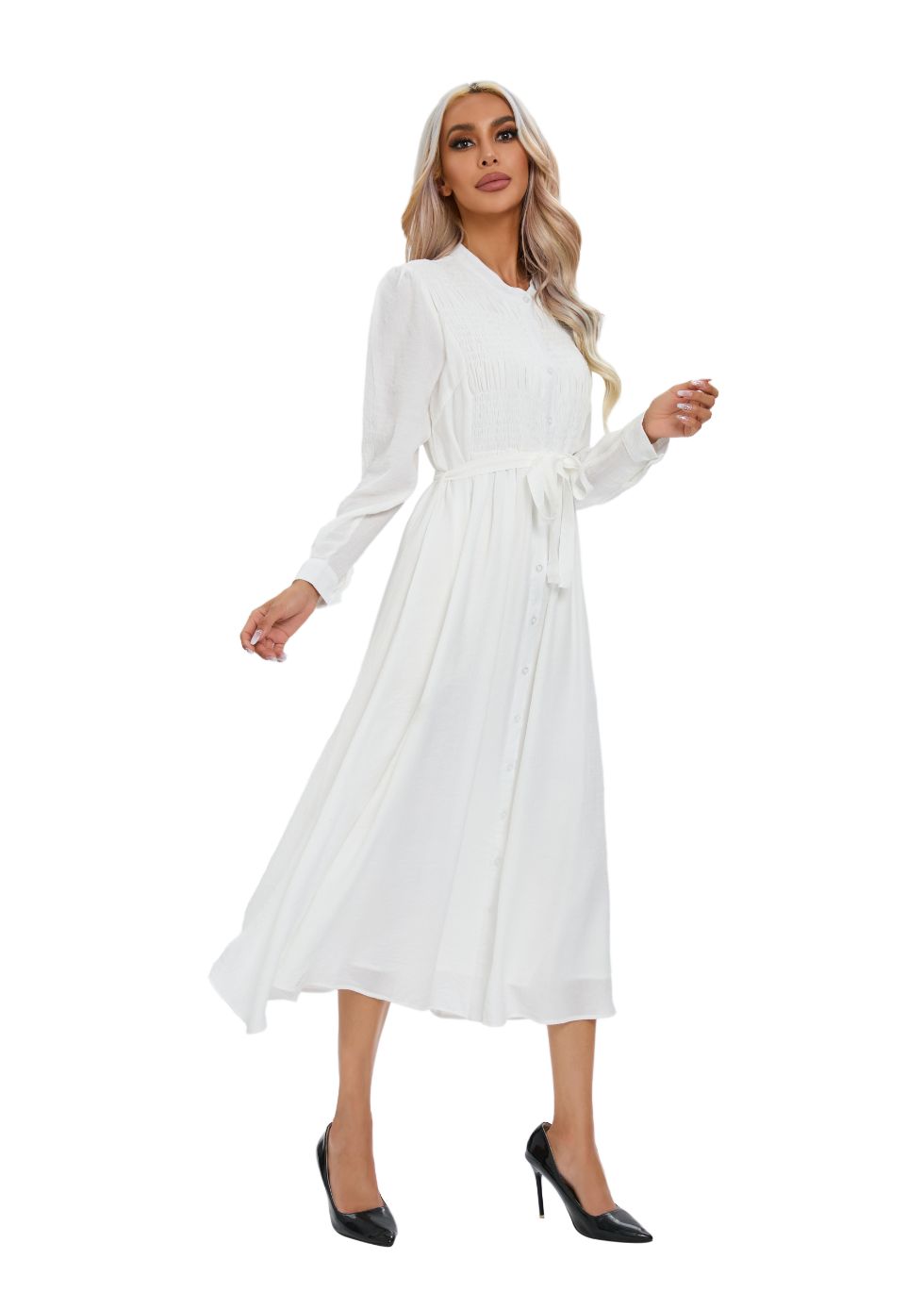 Mock Button Self Tie Midi Dress - alamaud