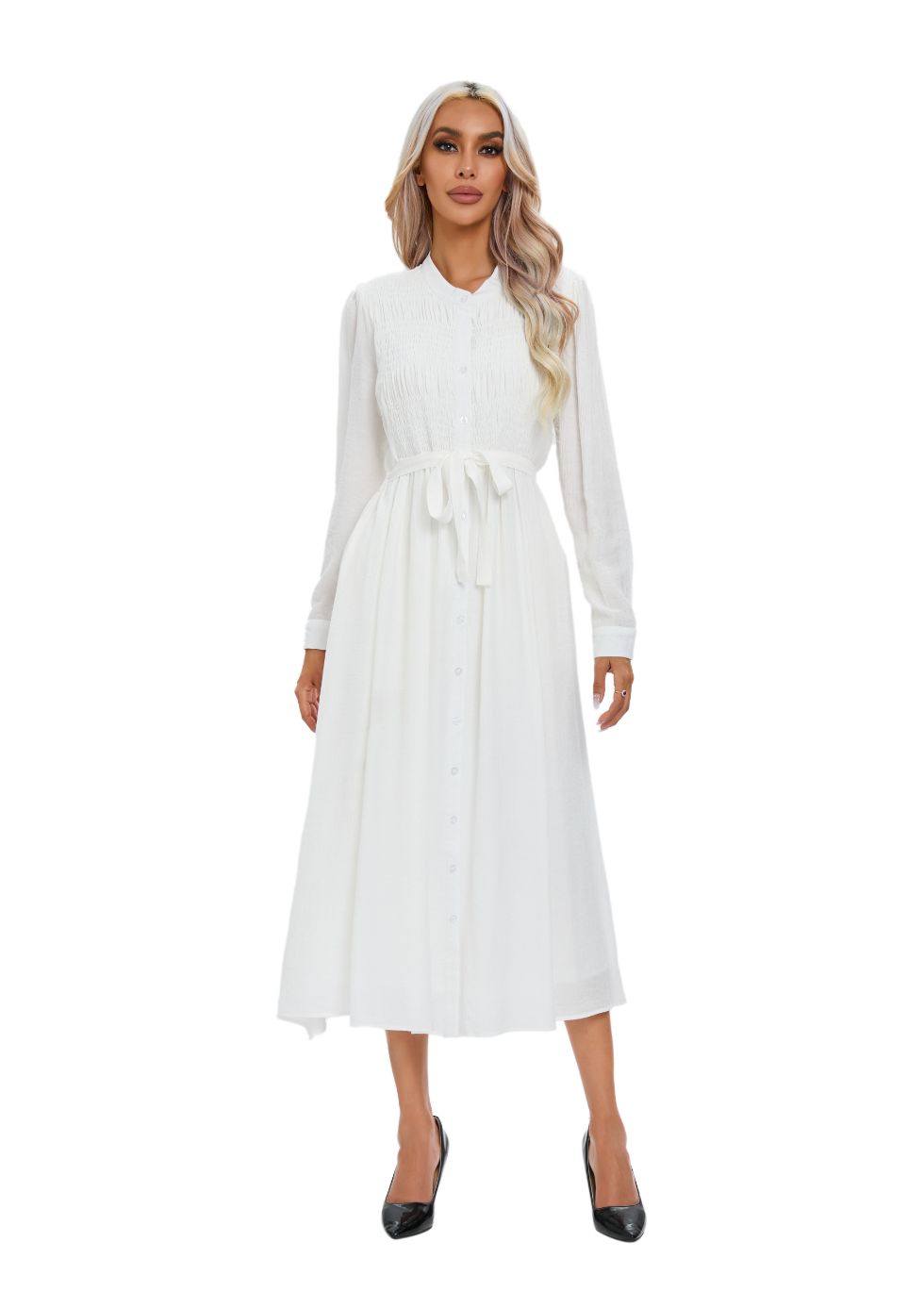 Mock Button Self Tie Midi Dress - alamaud