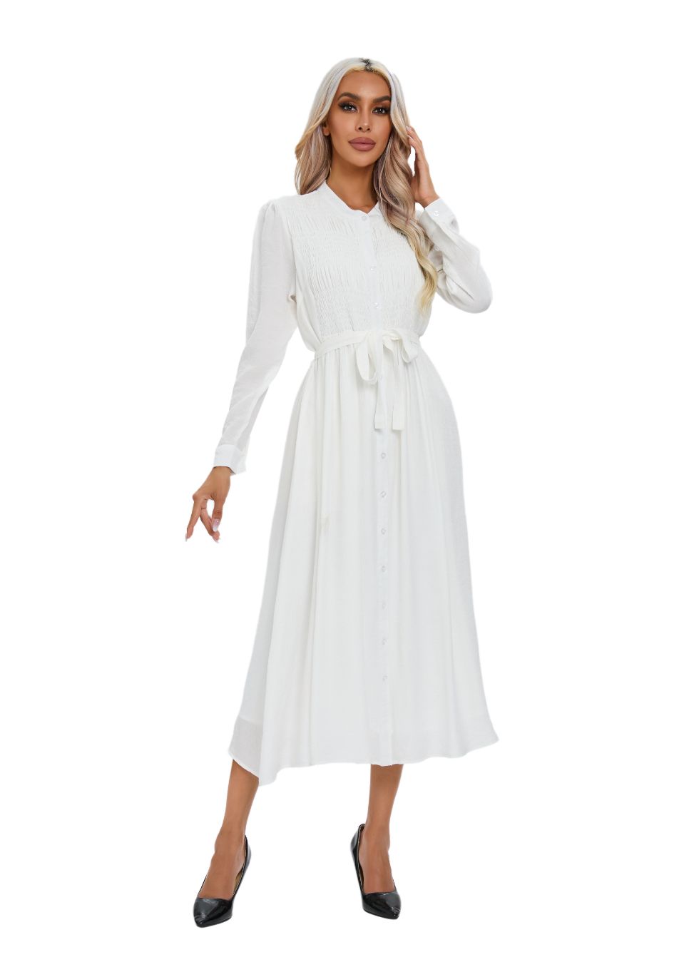 Mock Button Self Tie Midi Dress - alamaud