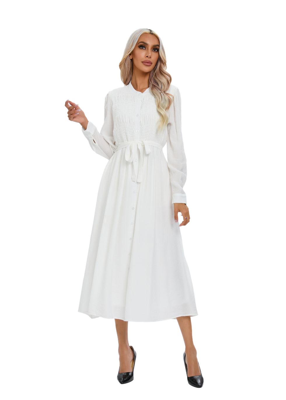 Mock Button Self Tie Midi Dress - alamaud