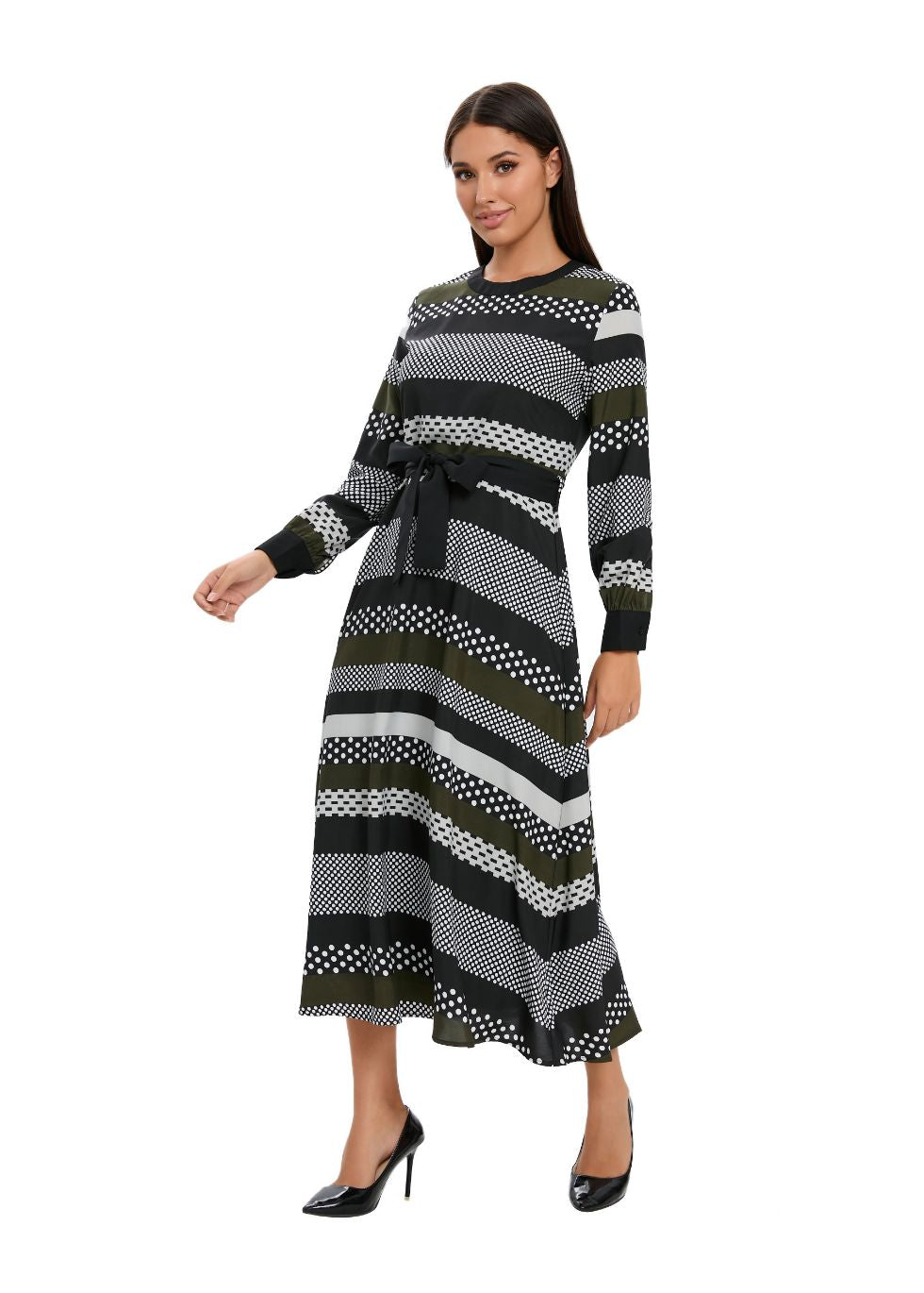 Striped Long Sleeve Midi Dress with Cuffed Sleeves - seilerlanguageservices