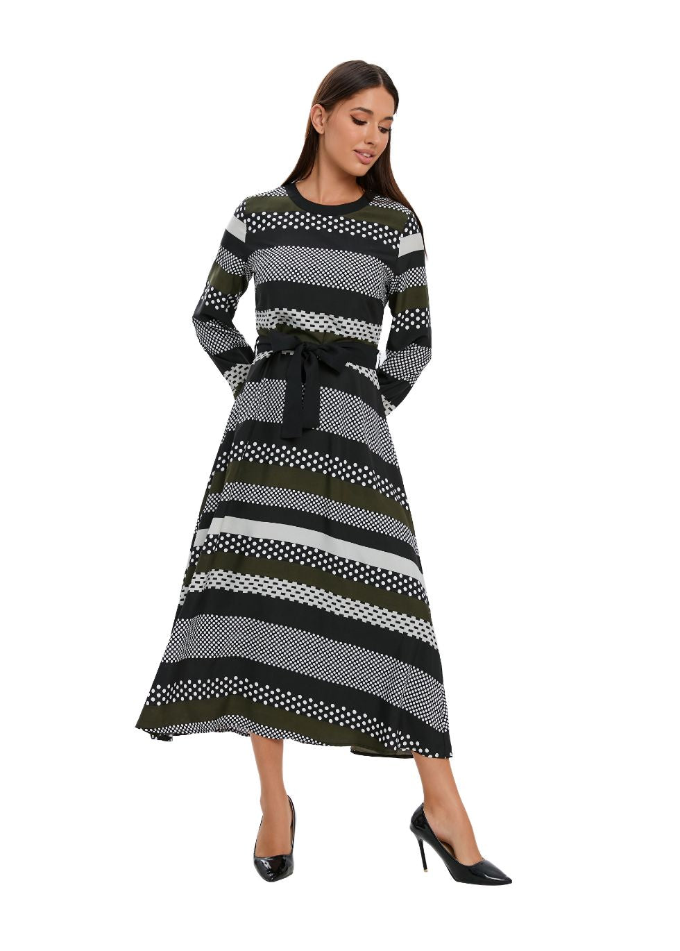Striped Long Sleeve Midi Dress with Cuffed Sleeves - seilerlanguageservices