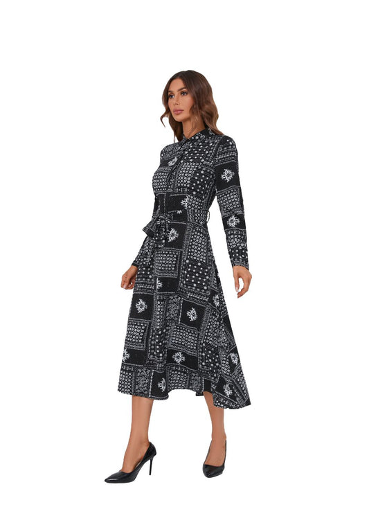 Collared Shirt Midi Dress with Mock Buttons - alamaud