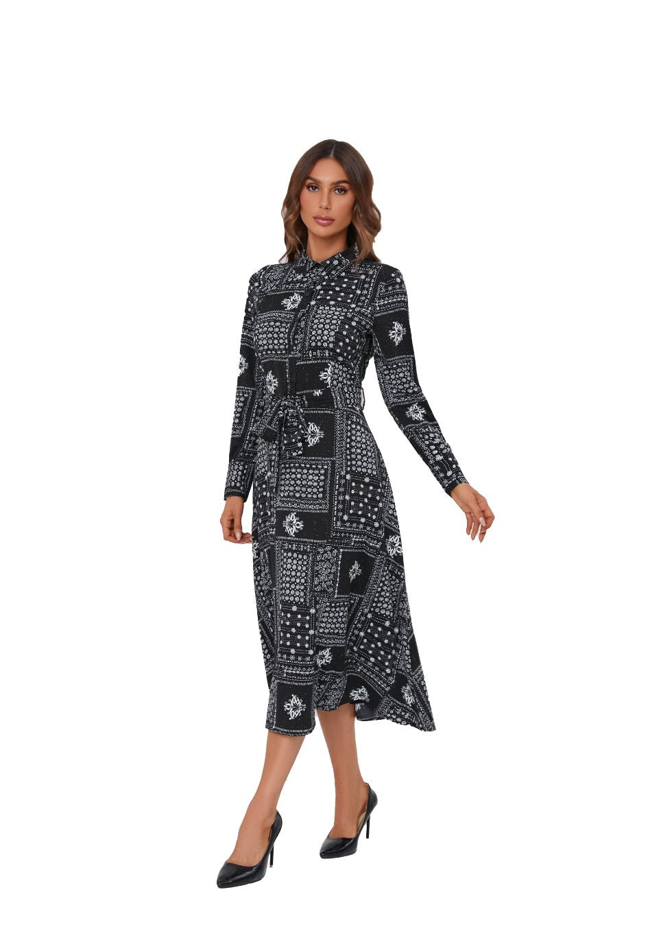 Collared Shirt Midi Dress with Mock Buttons - alamaud