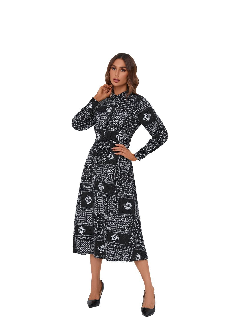 Collared Shirt Midi Dress with Mock Buttons - seilerlanguageservices