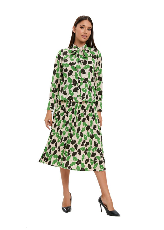 Long Sleeve Spring Print Two Piece Midi Dress Set - alamaud