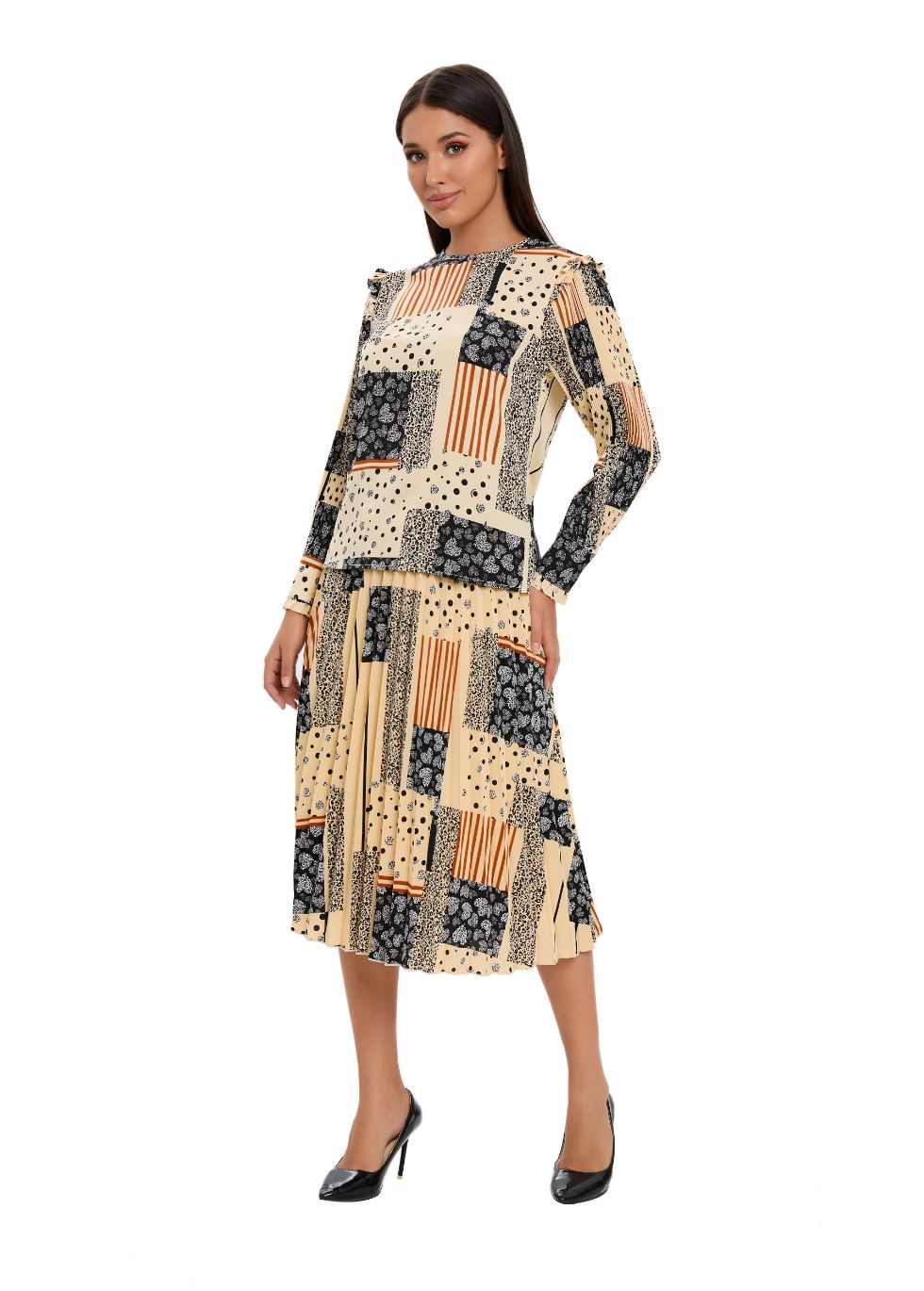 Abstract Print Two Piece Midi Dress Set - alamaud