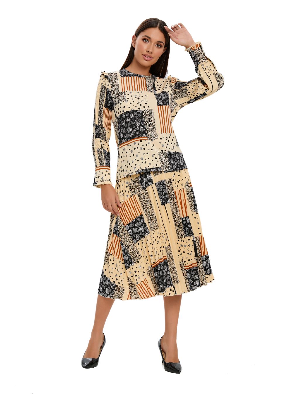 Abstract Print Two Piece Midi Dress Set - alamaud