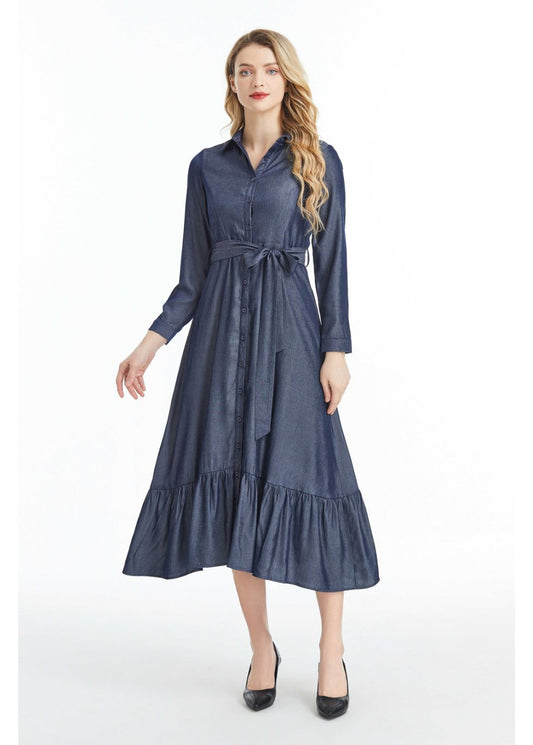 Denim Look Midi Dress with Cuffed Sleeves - alamaud