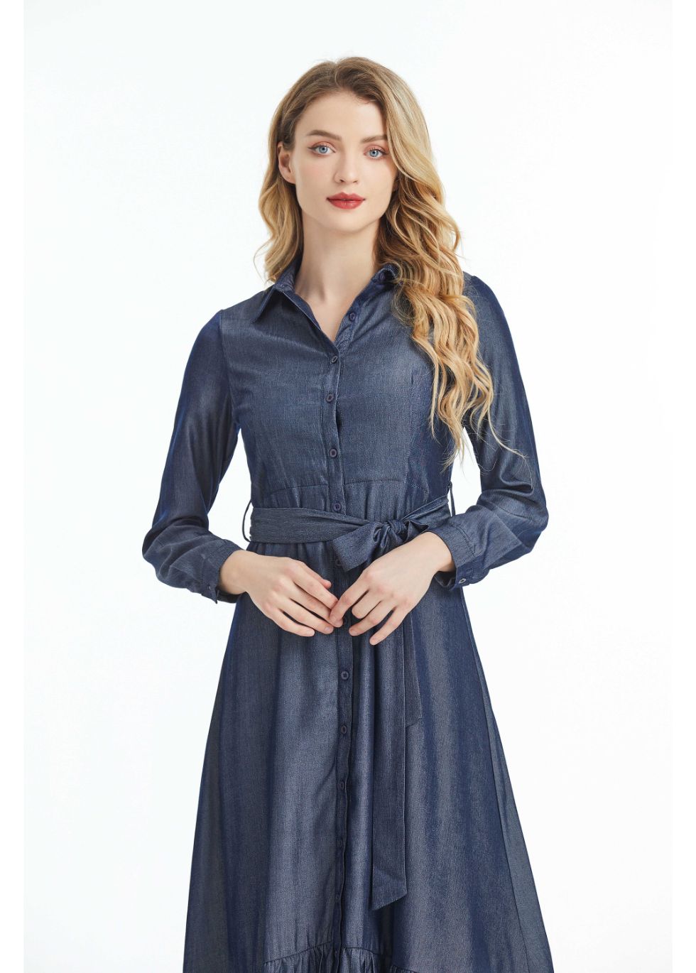 Denim Look Midi Dress with Cuffed Sleeves - alamaud