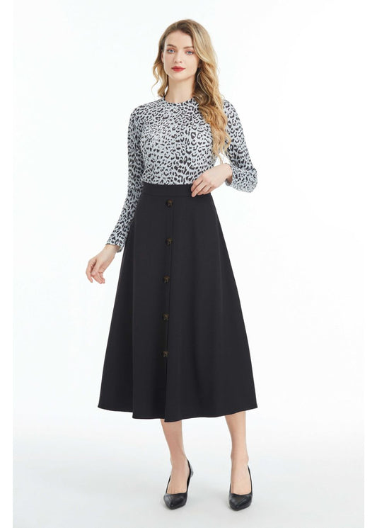Fully Lined Black Midi Skirt with Front Button Detail - alamaud