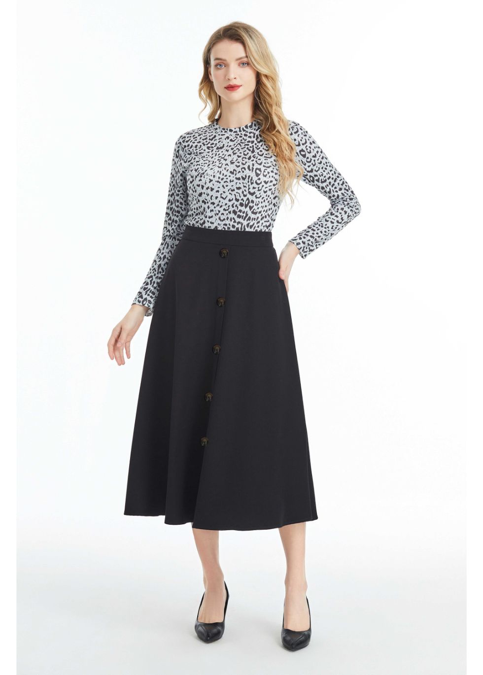 Fully Lined Black Midi Skirt with Front Button Detail - seilerlanguageservices