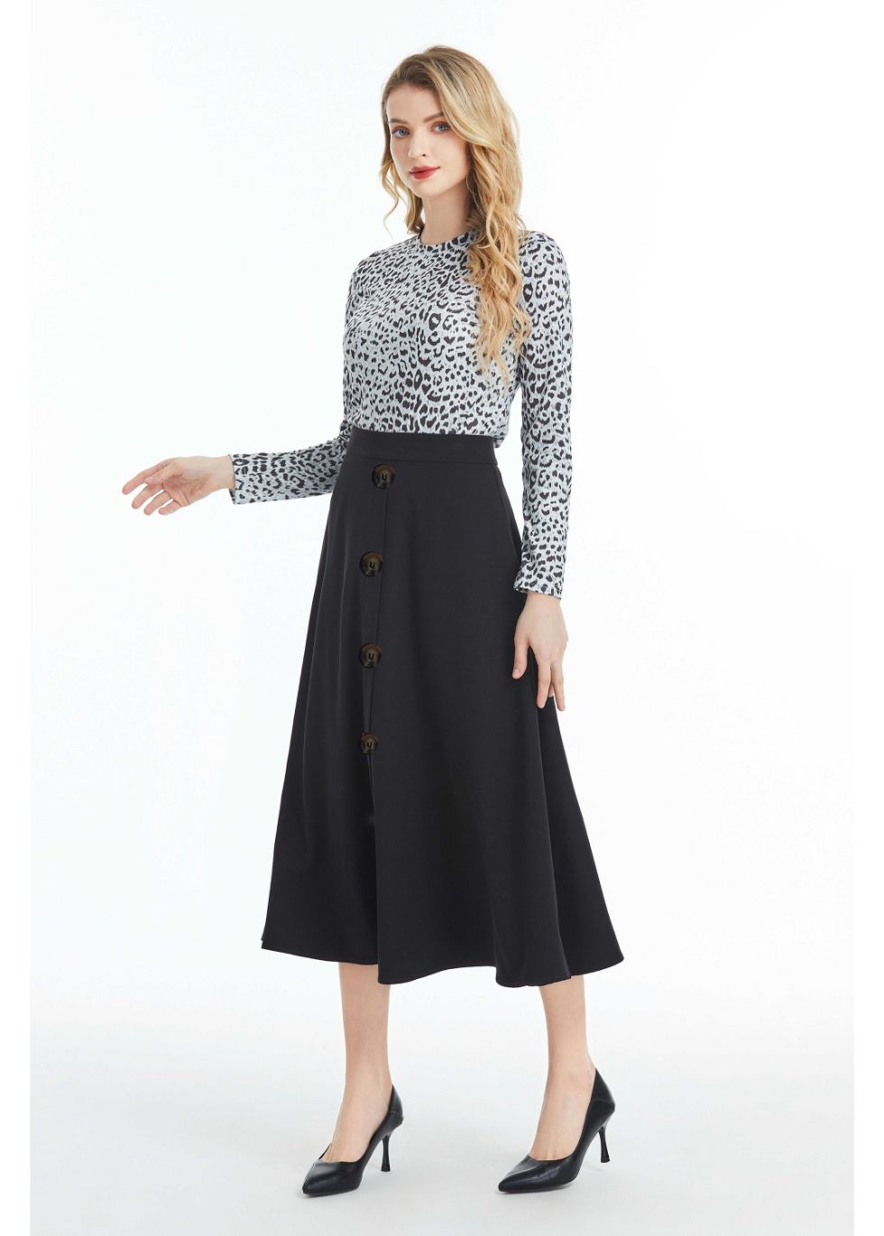 Fully Lined Black Midi Skirt with Front Button Detail - alamaud