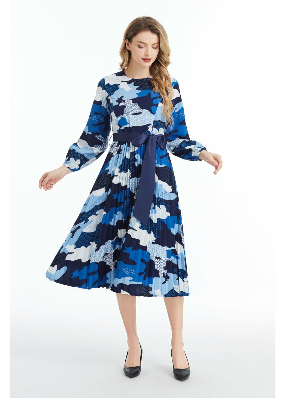 Long Sleeved Belted Colorful Print Midi Dress - seilerlanguageservices