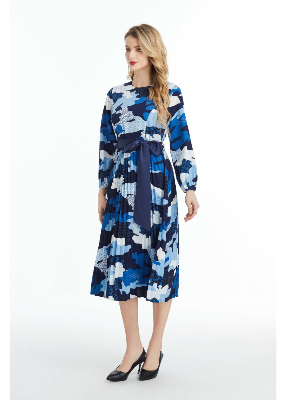 Long Sleeved Belted Colorful Print Midi Dress - seilerlanguageservices